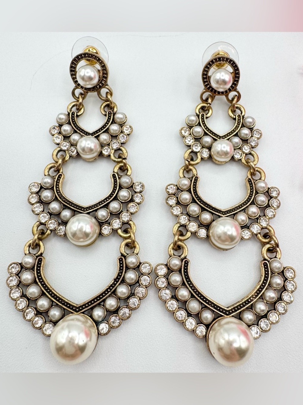 Bridal Statement Chandelier Earrings Faux Pearl & Rhinestone Antiqued Gold Tone